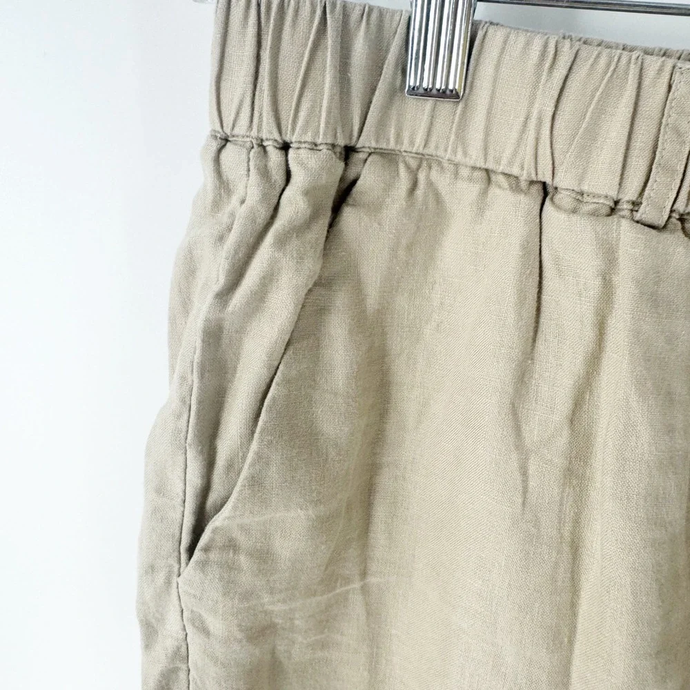 Quince Women 100% European Linen Pants Driftwood Tan Elastic Waist Small